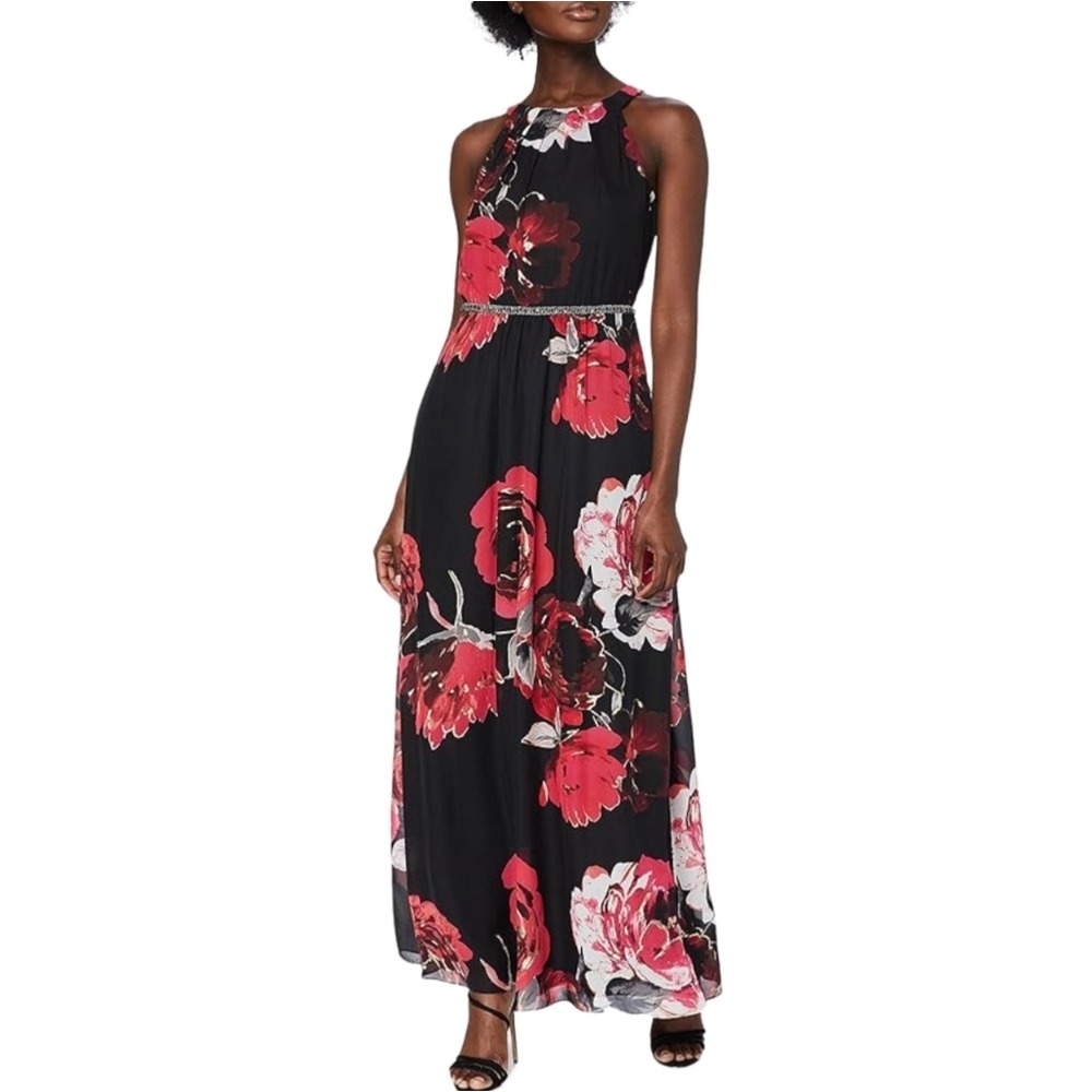 SLNY Black Red Floral Halter Maxi Dress Beaded Waist 16P Formal Evening New